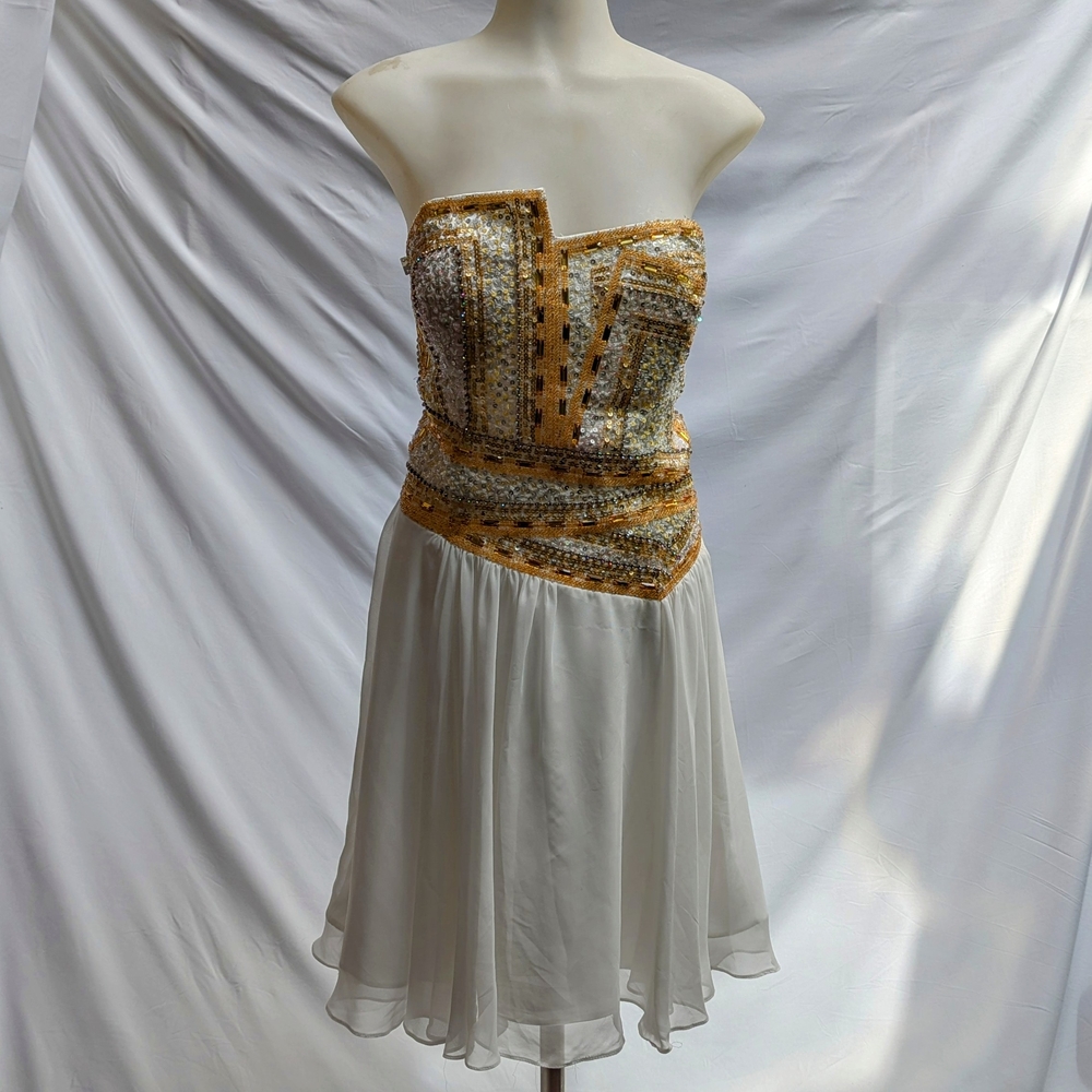 Terani Couture Gold and Brown Strapless Cocktail Sundress